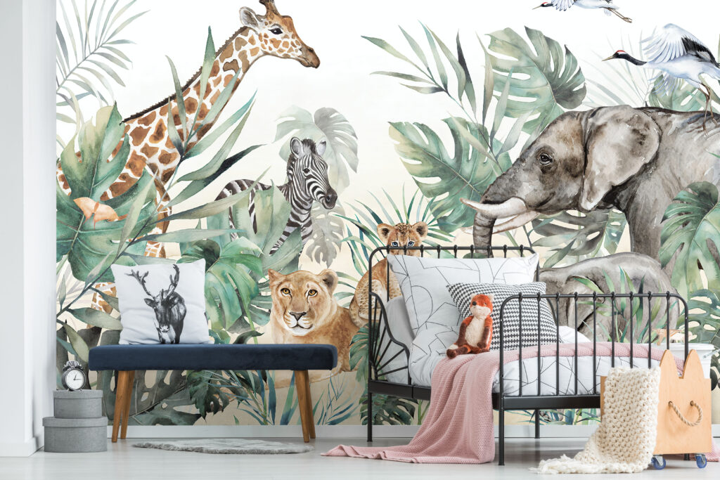 Watercolor Safari Wallpaper : Giraffe Elephant and Lion Cub Mural - View 3
