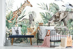 Watercolor Safari Wallpaper : Giraffe Elephant and Lion Cub Mural - View 3