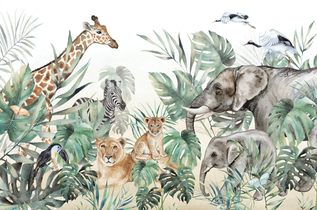 Watercolor Safari Wallpaper : Giraffe Elephant and Lion Cub Mural - flat design