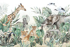 Watercolor Safari Wallpaper : Giraffe Elephant and Lion Cub Mural - flat design