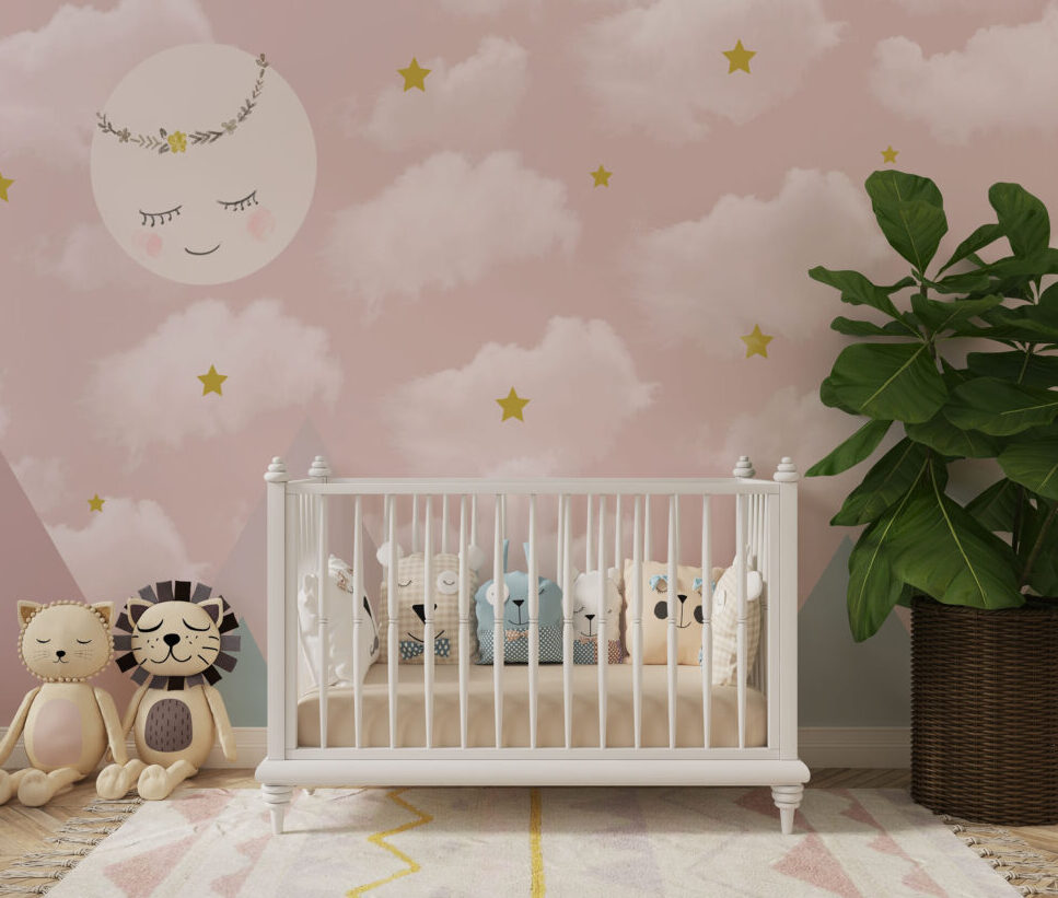 Pink Sky Wallpaper : Sleeping Moon and Pastel Mountains Mural