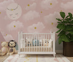 Pink Sky Wallpaper : Sleeping Moon and Pastel Mountains Mural