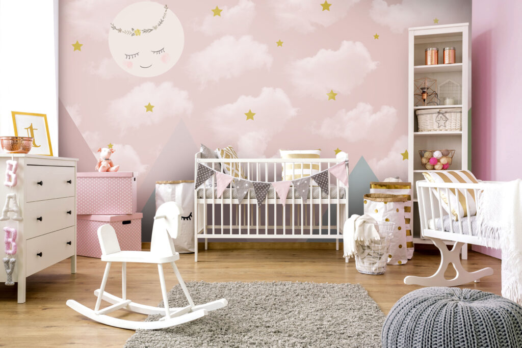 Pink Sky Wallpaper : Sleeping Moon and Pastel Mountains Mural - View 2