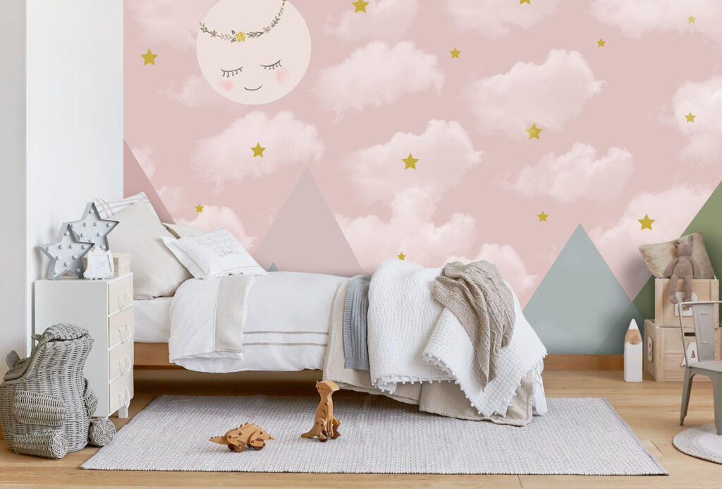 Pink Sky Wallpaper : Sleeping Moon and Pastel Mountains Mural - View 5
