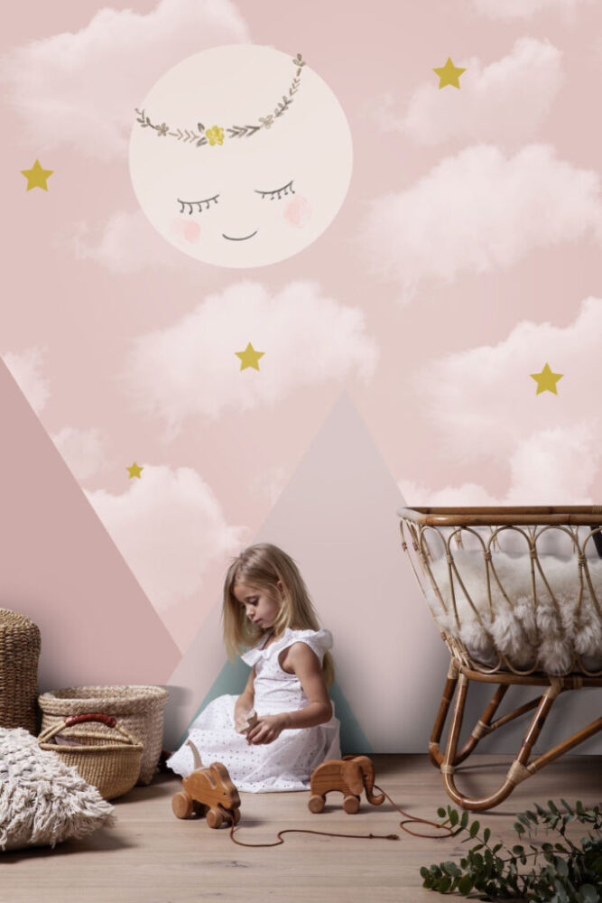 Pink Sky Wallpaper : Sleeping Moon and Pastel Mountains Mural - View 4
