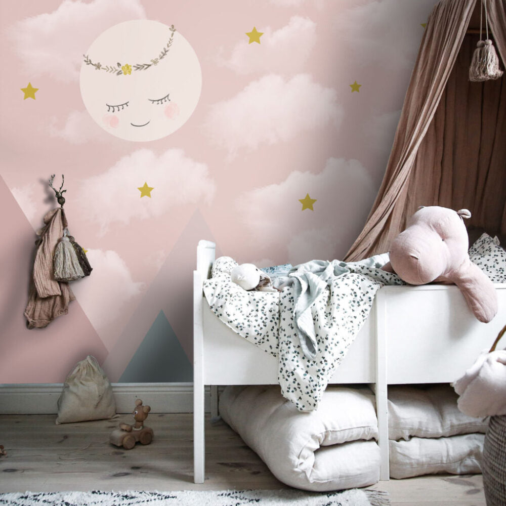 Pink Sky Wallpaper : Sleeping Moon and Pastel Mountains Mural - View 3