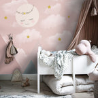 Pink Sky Wallpaper : Sleeping Moon and Pastel Mountains Mural - View 3