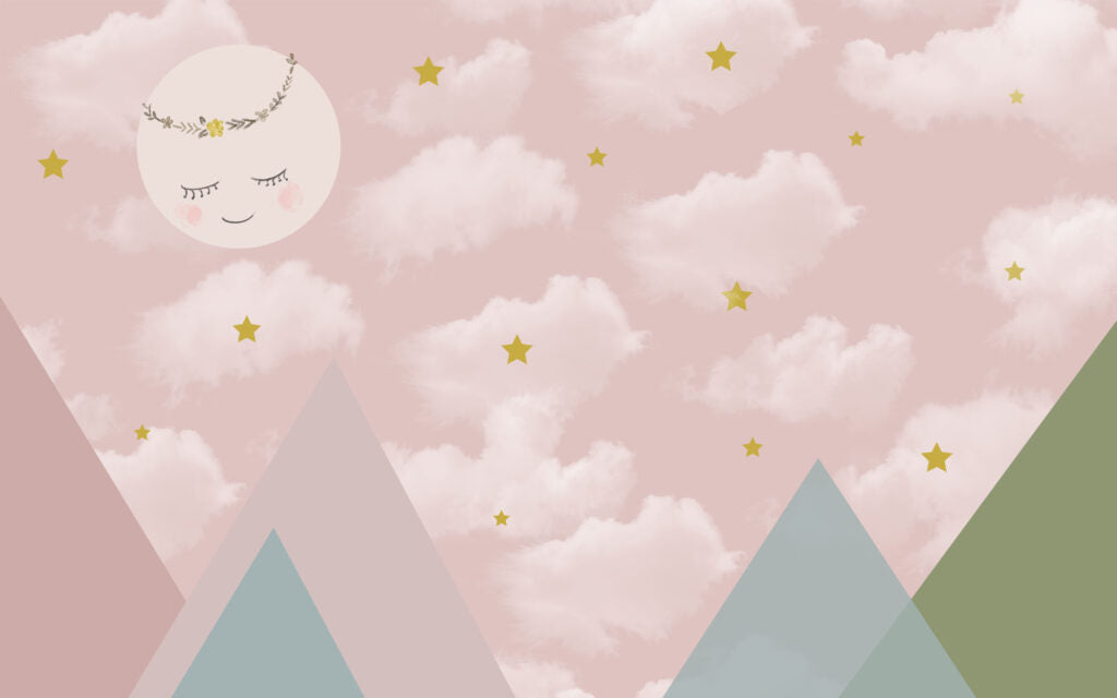 Pink Sky Wallpaper : Sleeping Moon and Pastel Mountains Mural - flat design