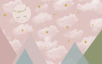 Pink Sky Wallpaper : Sleeping Moon and Pastel Mountains Mural - flat design