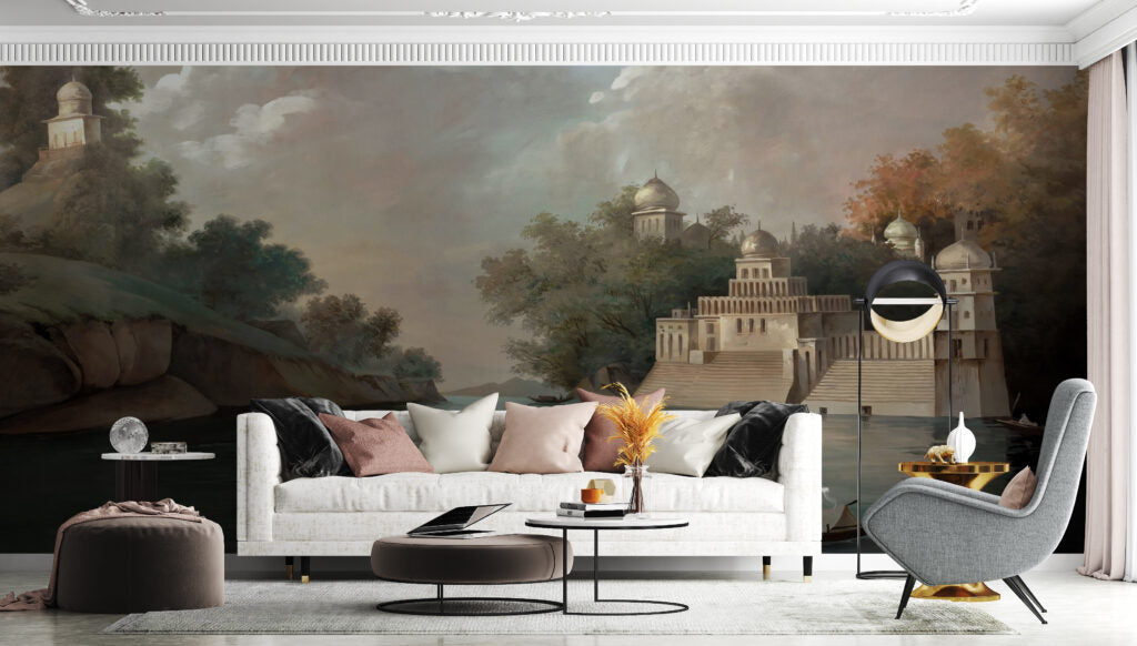Classical River Landscape Wallpaper : Historic Palace Lake Mural - View 3