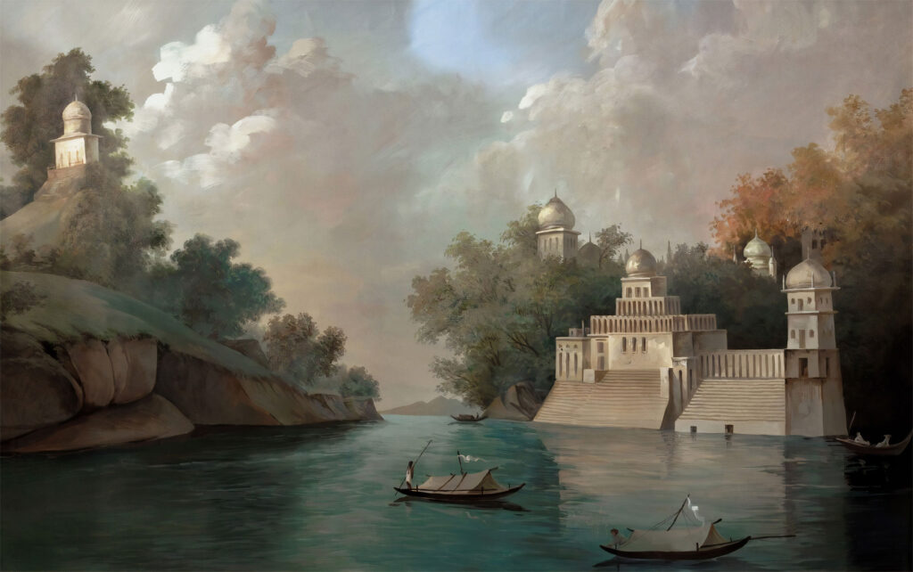 Classical River Landscape Wallpaper : Historic Palace Lake Mural - View 2