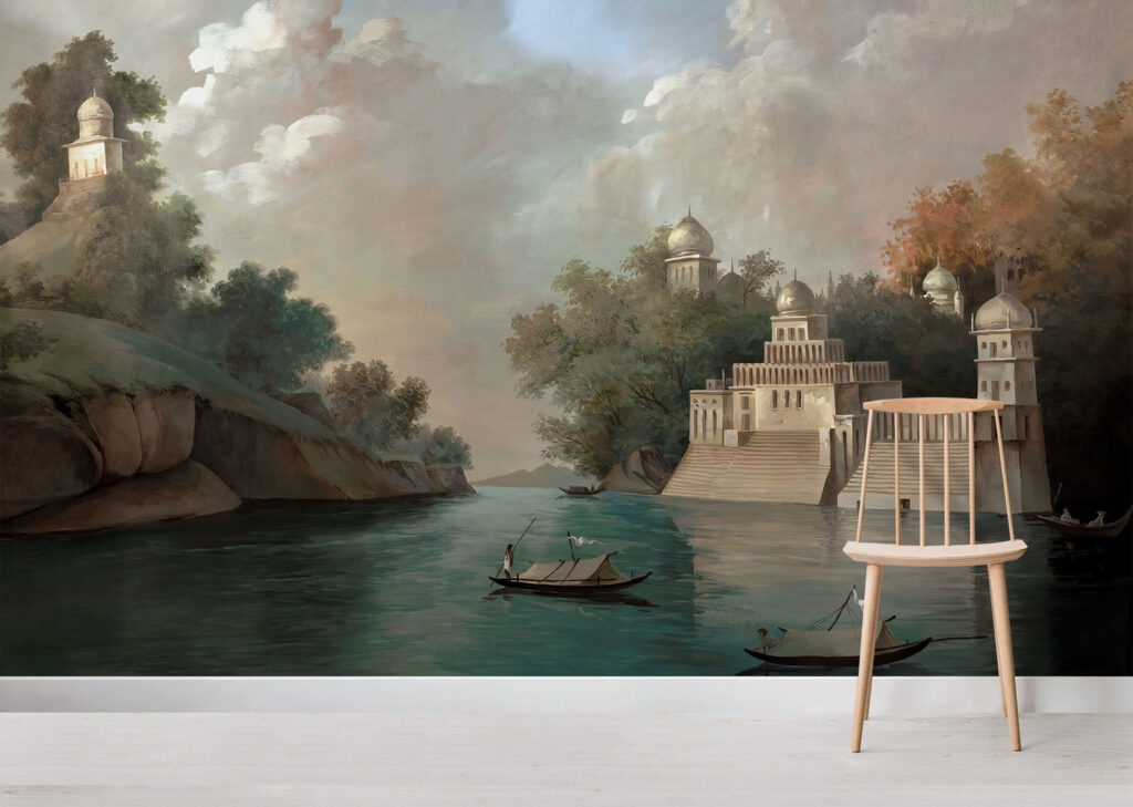Classical River Landscape Wallpaper : Historic Palace Lake Mural - View 5