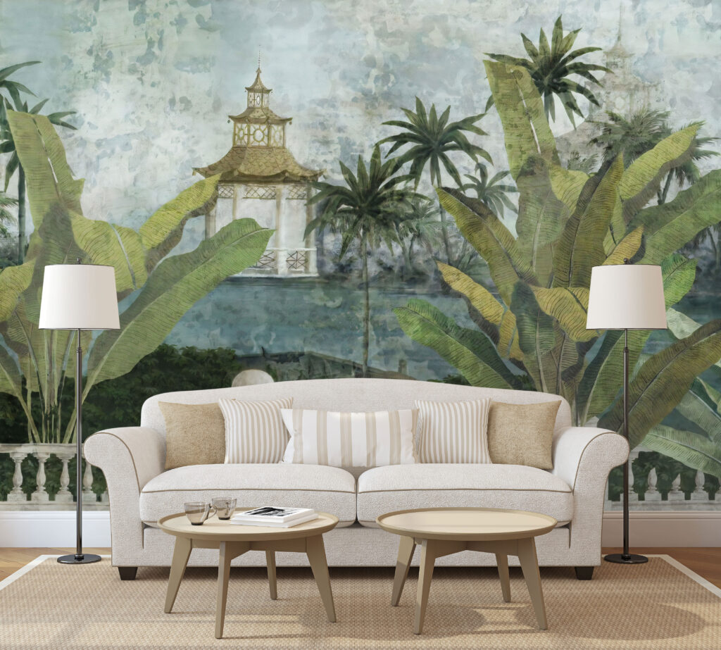 Tropical Terrace Wallpaper : Palm Garden Balustrade Mural - View 2
