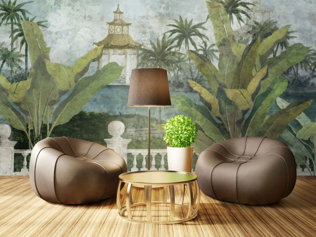 Tropical Terrace Wallpaper : Palm Garden Balustrade Mural - View 4