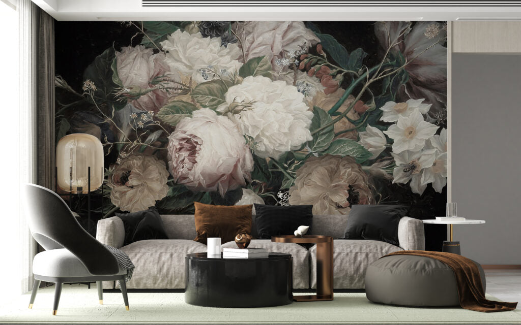 Blush Peony Wallpaper : Dark Romantic Floral Mural - View 3