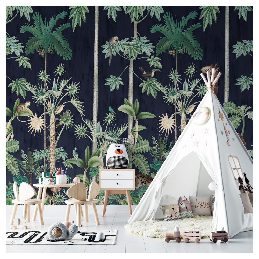 Dark Jungle Wallpaper : Navy Tropical Animals Mural - View 4