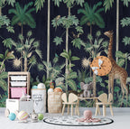 Dark Jungle Wallpaper : Navy Tropical Animals Mural