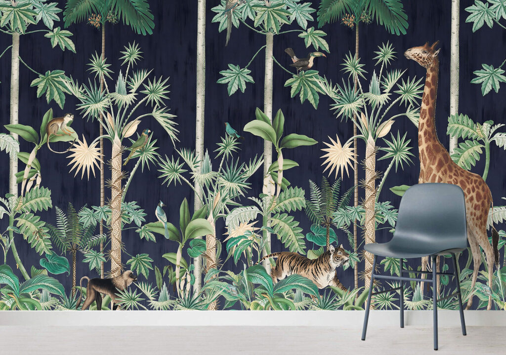 Dark Jungle Wallpaper : Navy Tropical Animals Mural - View 3