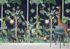 Dark Jungle Wallpaper : Navy Tropical Animals Mural - View 3