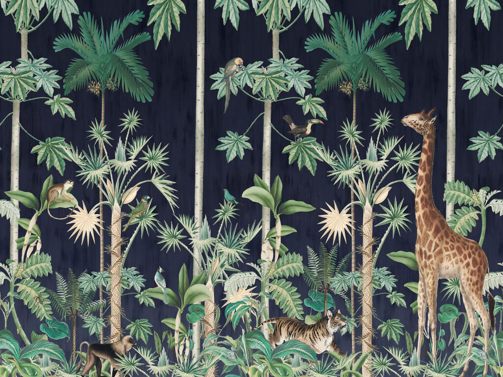 Dark Jungle Wallpaper : Navy Tropical Animals Mural - View 2