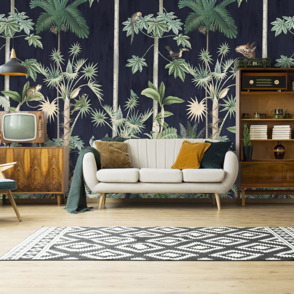 Dark Jungle Wallpaper : Navy Tropical Animals Mural - View 5