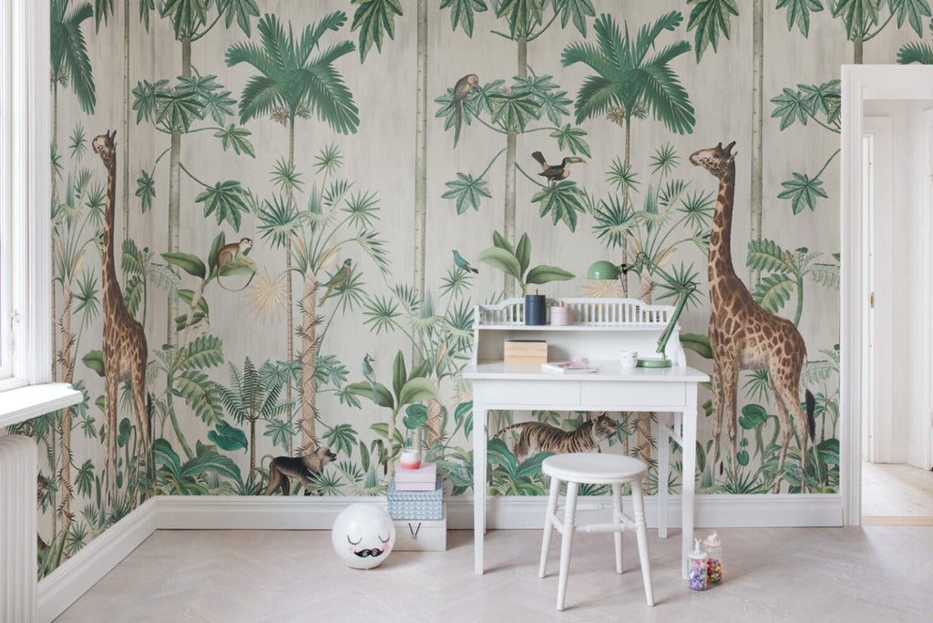 Beige Jungle Wallpaper : Tall Trees And Animals Mural - View 5
