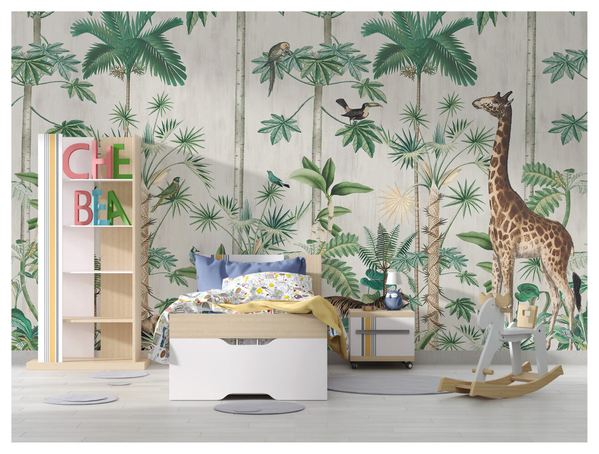 Beige Jungle Wallpaper : Tall Trees And Animals Mural - View 4