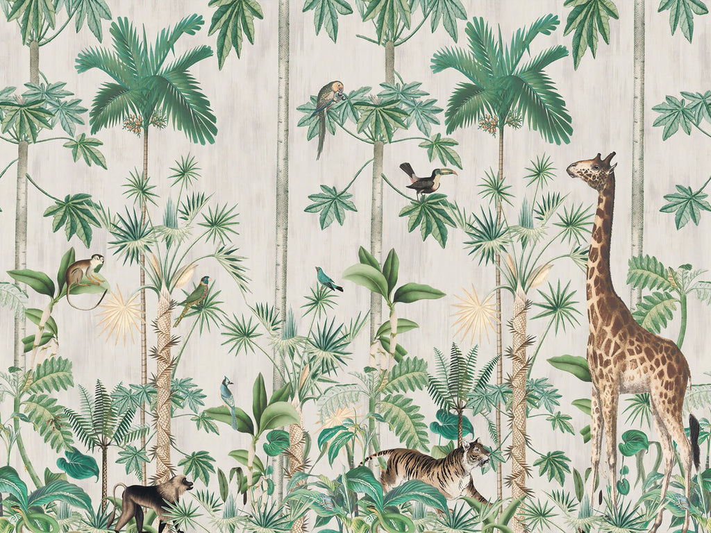 Beige Jungle Wallpaper : Tall Trees And Animals Mural - View 2