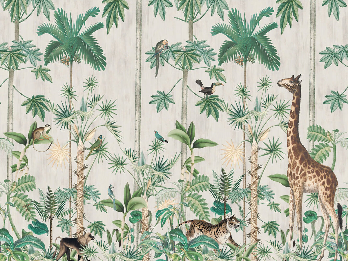 Beige Jungle Wallpaper : Tall Trees And Animals Mural - View 2