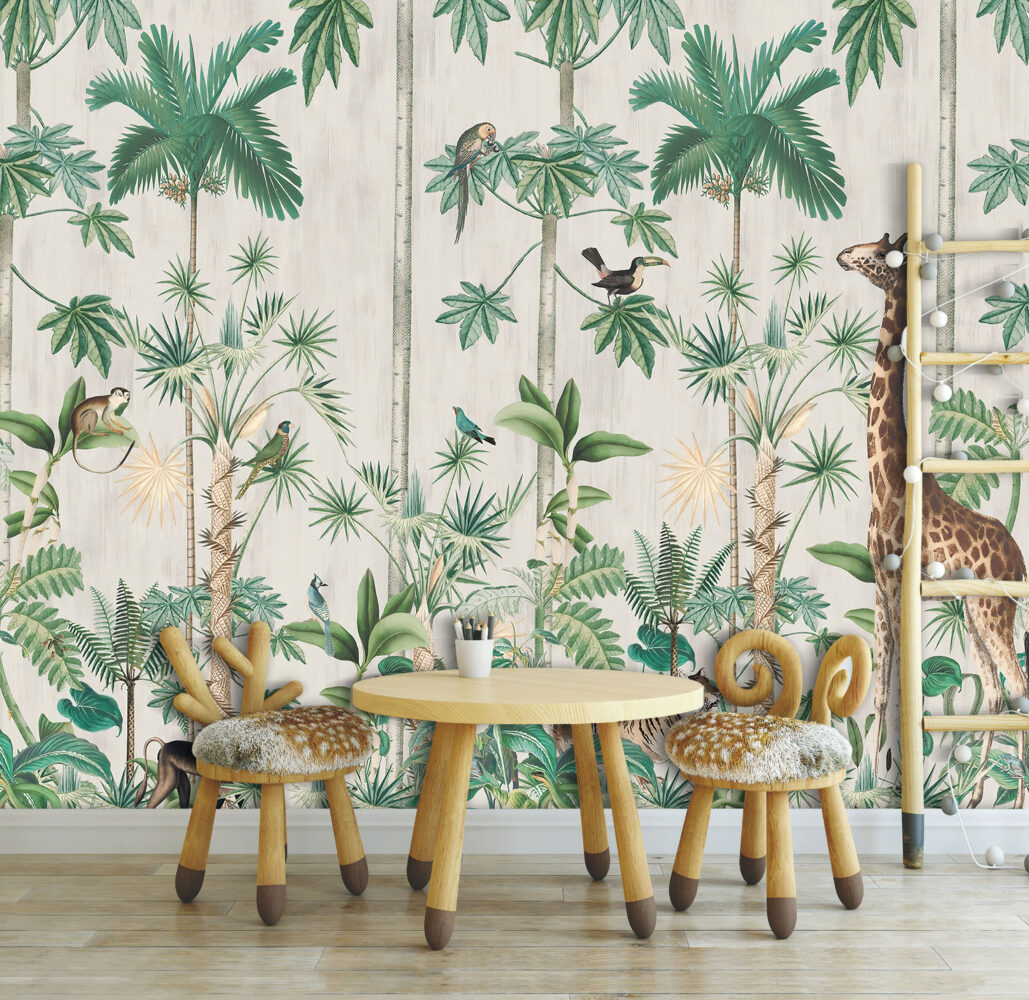 Beige Jungle Wallpaper : Tall Trees And Animals Mural - View 6