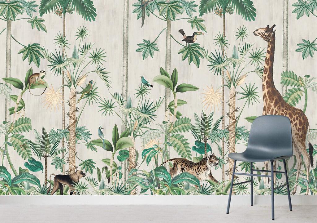 Beige Jungle Wallpaper : Tall Trees And Animals Mural - View 3