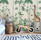 Beige Jungle Wallpaper : Tall Trees And Animals Mural