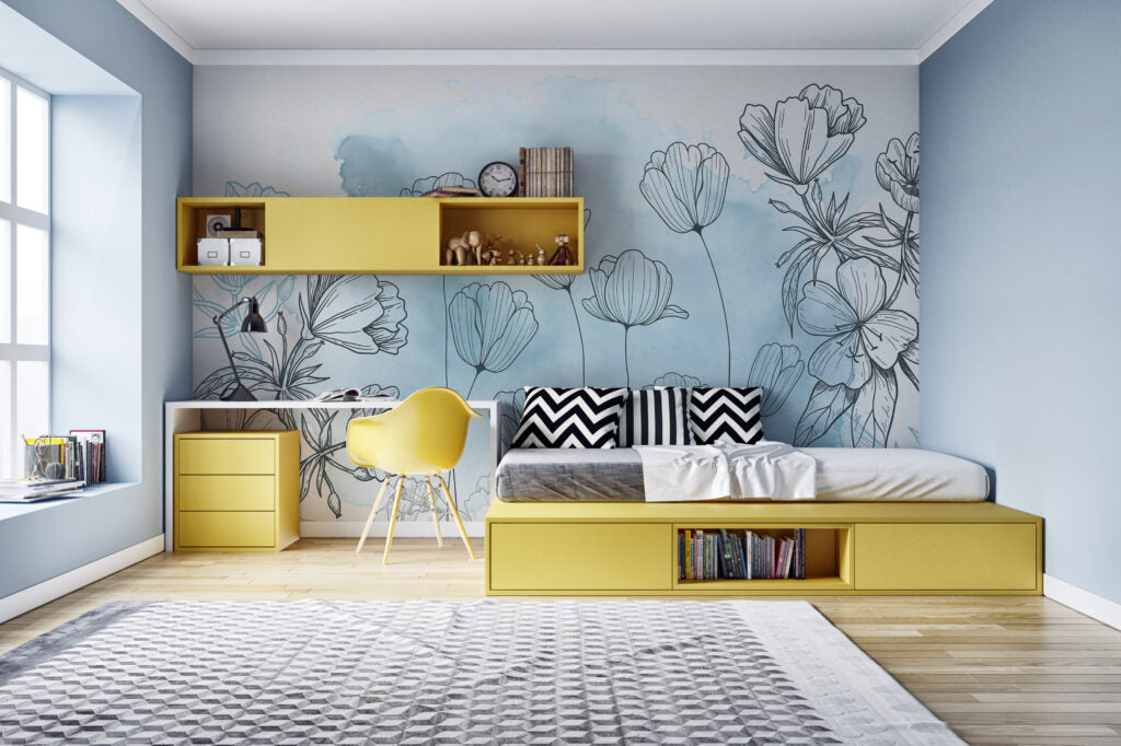 Line Art Flower Wallpaper : Blue Watercolor Botanical Mural