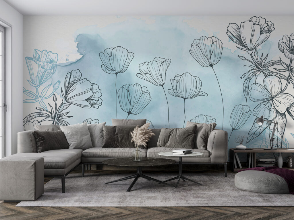 Line Art Flower Wallpaper : Blue Watercolor Botanical Mural - View 2