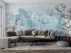 Line Art Flower Wallpaper : Blue Watercolor Botanical Mural - View 2