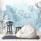 Line Art Flower Wallpaper : Blue Watercolor Botanical Mural - View 5