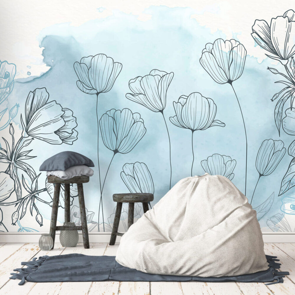 Line Art Flower Wallpaper : Blue Watercolor Botanical Mural - View 5