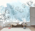 Line Art Flower Wallpaper : Blue Watercolor Botanical Mural - View 3