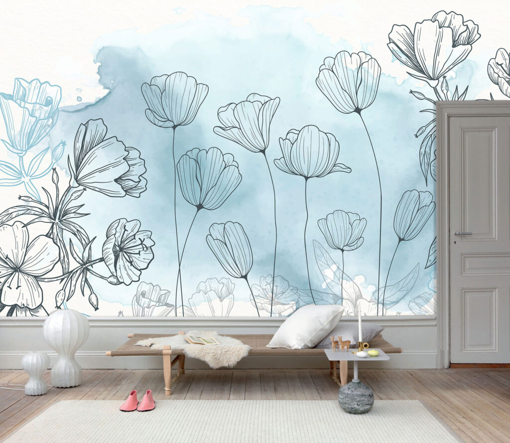 Line Art Flower Wallpaper : Blue Watercolor Botanical Mural - View 3