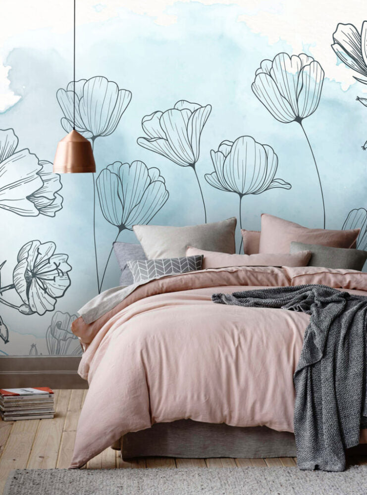 Line Art Flower Wallpaper : Blue Watercolor Botanical Mural - View 4