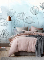 Line Art Flower Wallpaper : Blue Watercolor Botanical Mural - View 4
