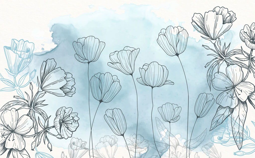 Line Art Flower Wallpaper : Blue Watercolor Botanical Mural - flat design