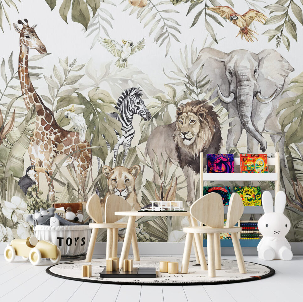 Vintage Safari Wallpaper : Lion Zebra and Giraffe Mural