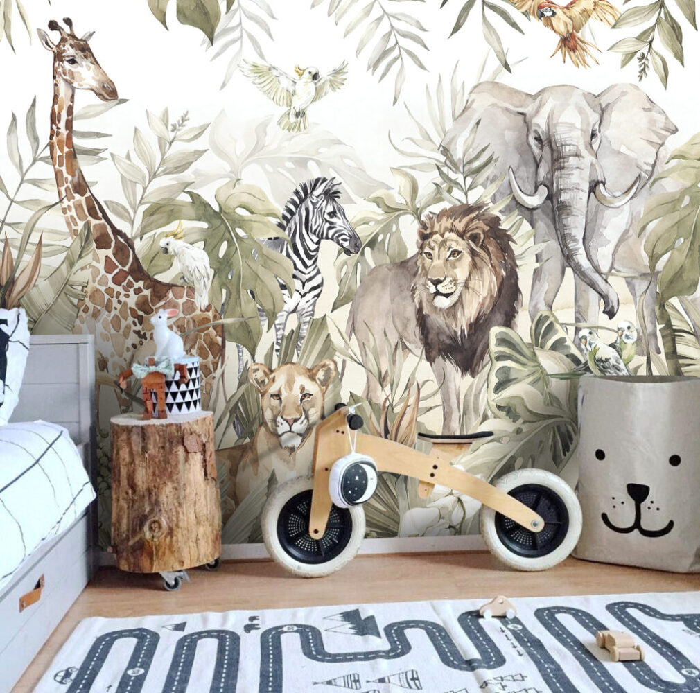 Vintage Safari Wallpaper : Lion Zebra and Giraffe Mural - View 5