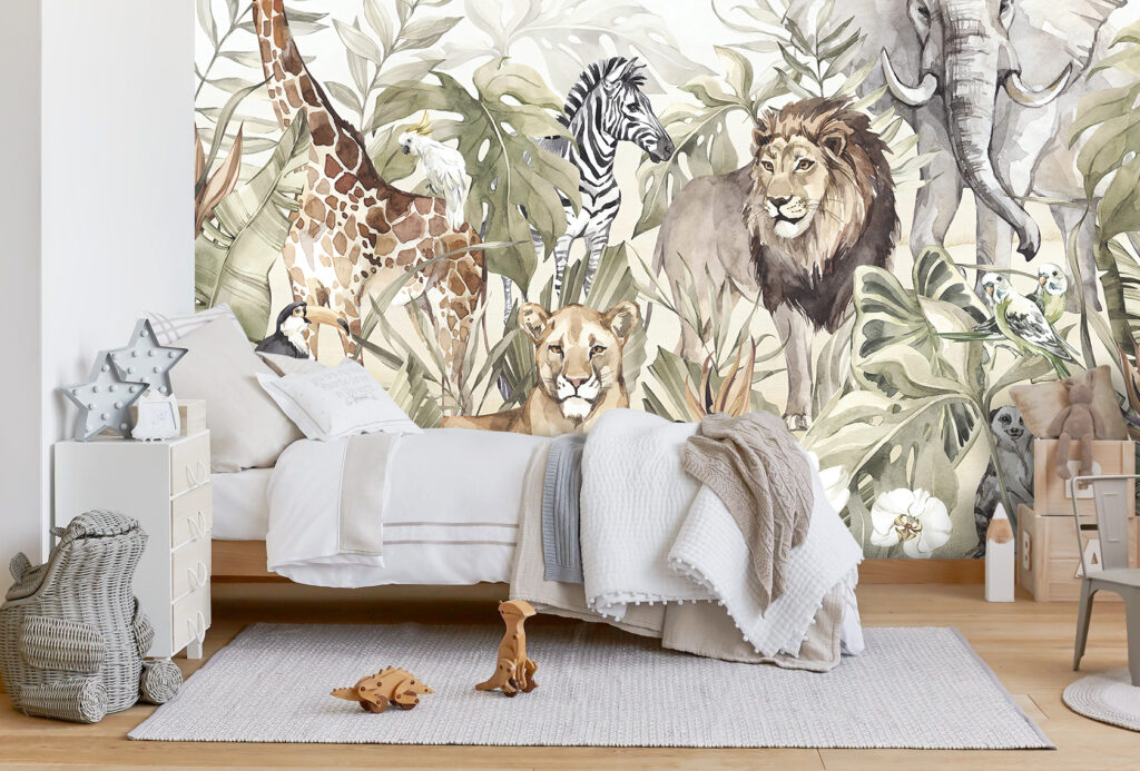 Vintage Safari Wallpaper : Lion Zebra and Giraffe Mural - View 2