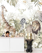 Vintage Safari Wallpaper : Lion Zebra and Giraffe Mural - View 4