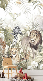 Vintage Safari Wallpaper : Lion Zebra and Giraffe Mural - View 3