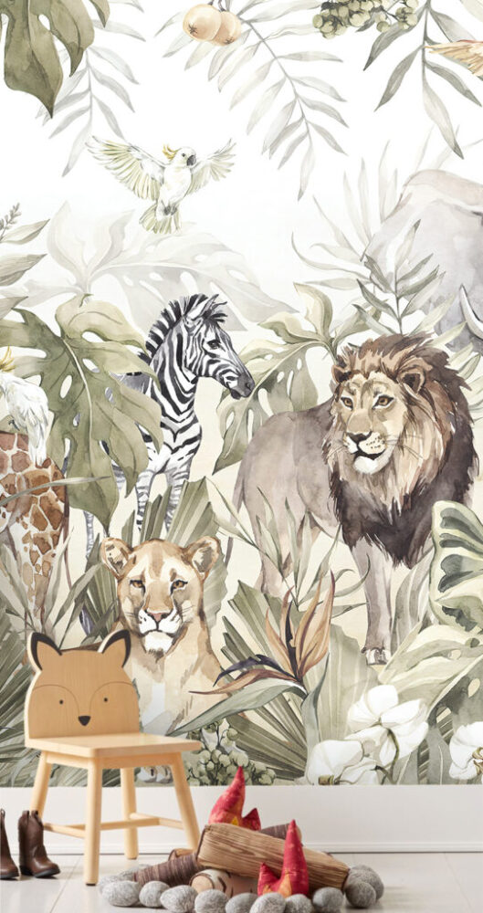 Vintage Safari Wallpaper : Lion Zebra and Giraffe Mural - View 3