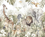 Vintage Safari Wallpaper : Lion Zebra and Giraffe Mural - flat design