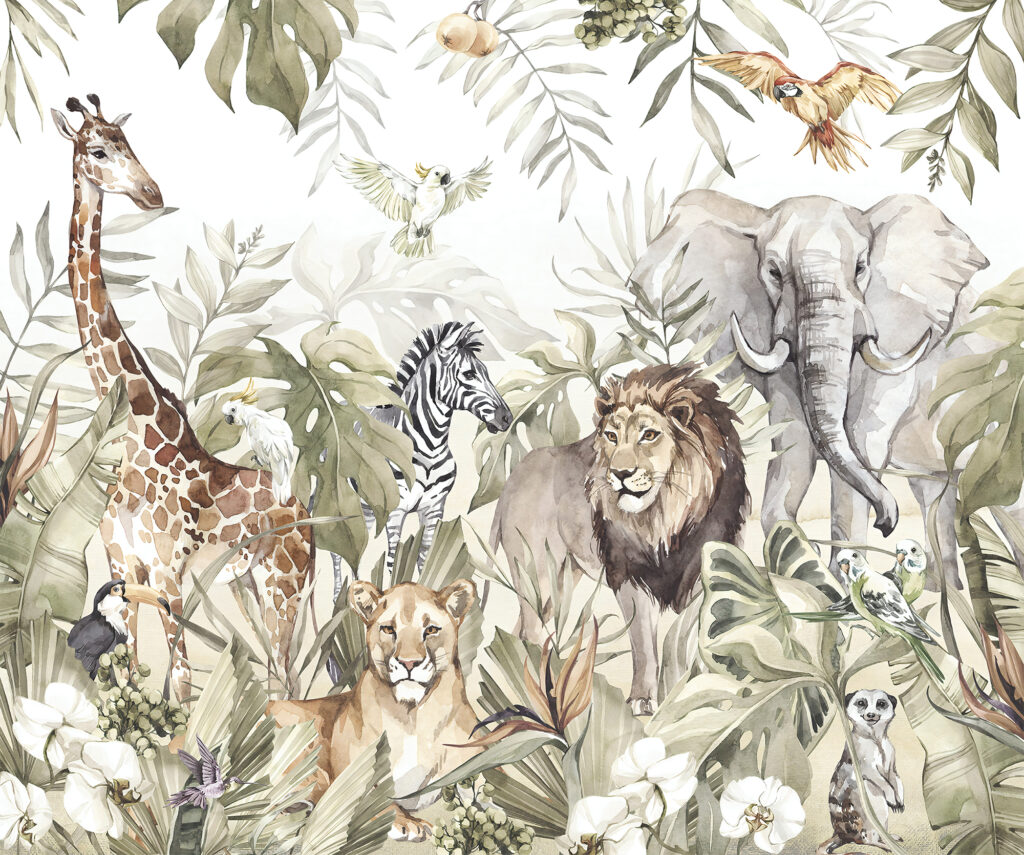 Vintage Safari Wallpaper : Lion Zebra and Giraffe Mural - flat design